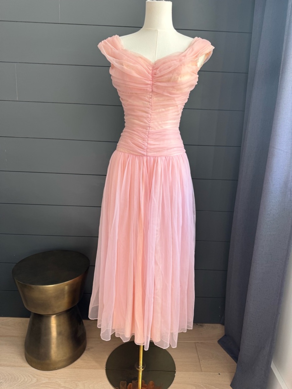 Lorrie Deb San Francisco Vintage Soft Pink Ruched Tulle Midi Lined Dress 50-60’s